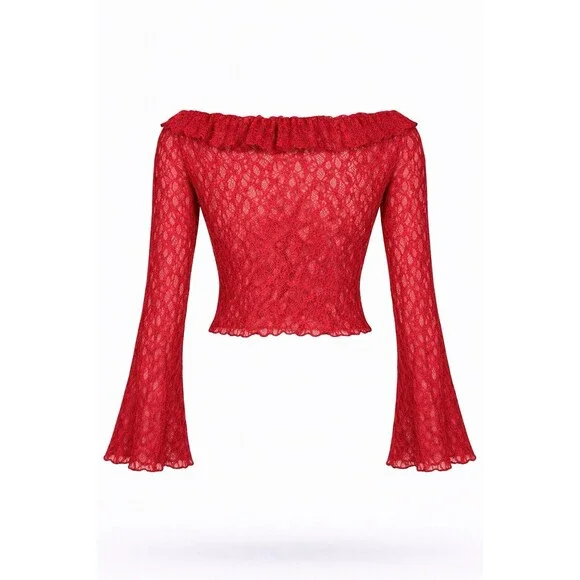 Thirty Thirty LA Red Lace Ruffle Tie Front Top Bell Sleeve Sheer Coquette NWT - Picture 3 of 15
